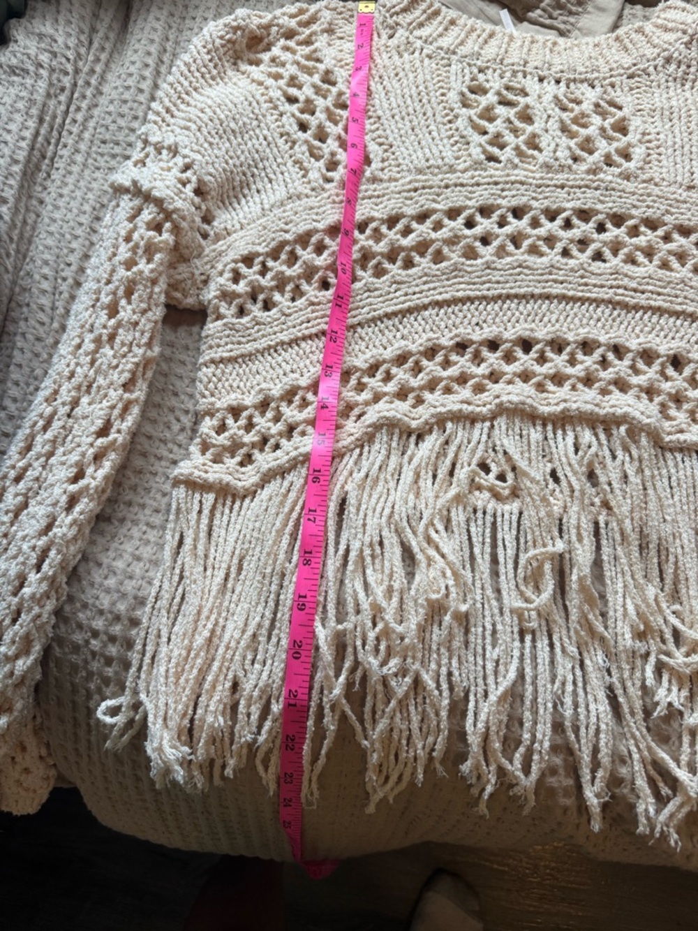 Free People Higher Love Crochet Fringe Sweater Boho Cream Open Knit Festival XS - Picture 5 of 9